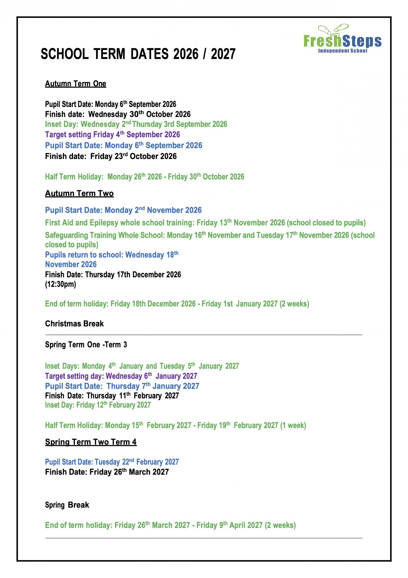 Freshsteps Term Dates 2026 2027 1