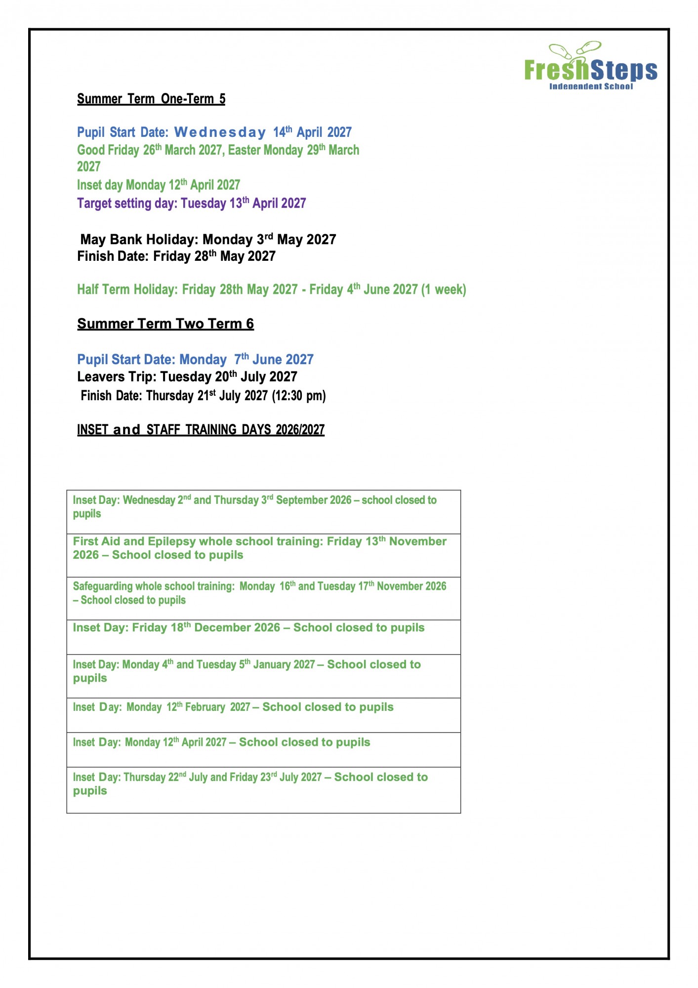 Freshsteps Term Dates 2026 2027 2